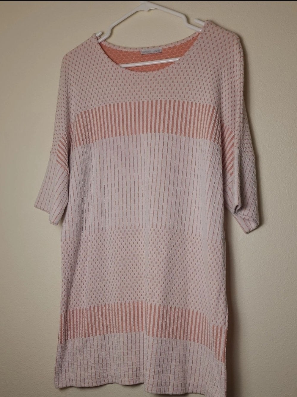 Zara Short Sleeve Textured Tunic Striped White Guava Woven Pattern Stretch Mini
